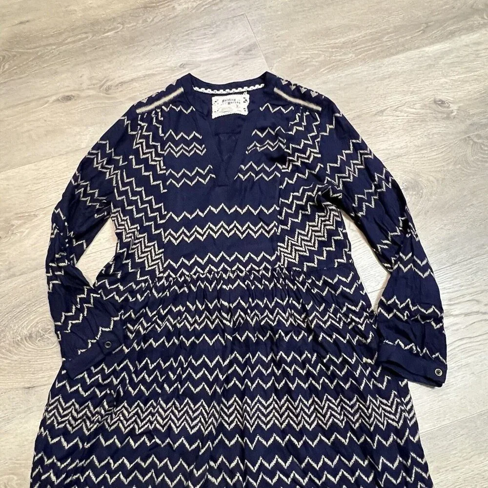 Anthropologie Holding Horses Farica Navy Blue Chevron Dress Travel Career Xsmall
